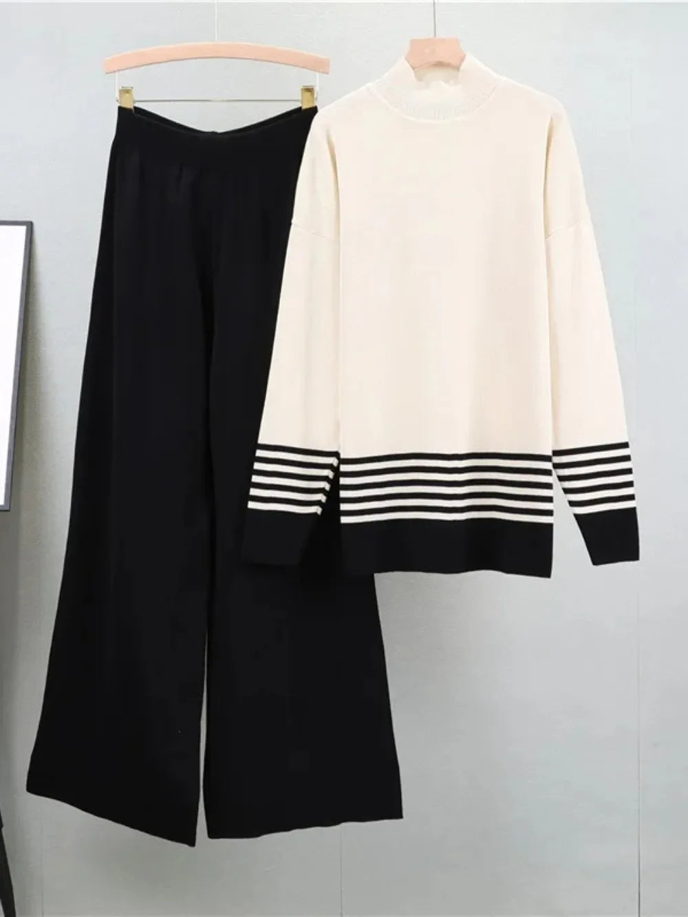 Cord Set, Pullover Striped Sweater and Wide Leg Knitted Pants, Casual Knitwear Ensemble