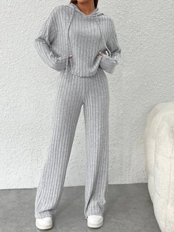 Spring Autumn Women's New Solid Color Casual Knitted Striped Hooded Sweatshirt Loose Long Sleeved Long Pants Two-piece Cord set New arrival