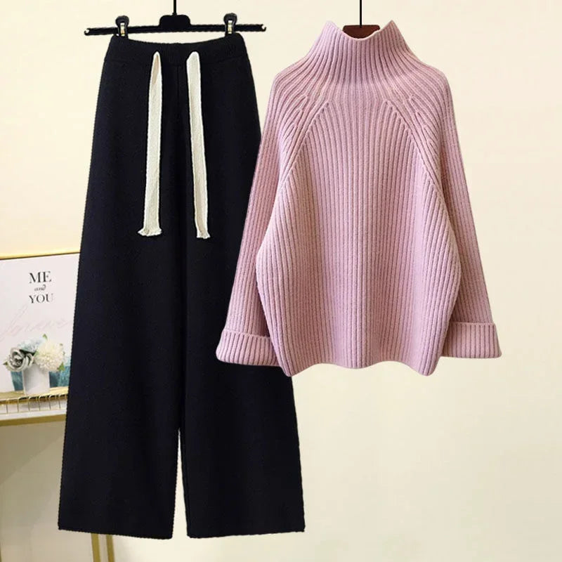 Winter Warm Knitted Cord Set for Women: Long Sleeve Half Turtleneck Sweater and Wide Leg Pants, Loose-Fitting.