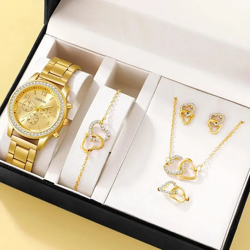 6-Piece Rose Gold Luxury Jewelry and Watch Set for Women – Includes Watch, Ring, Necklace, Earrings, and Bracelet