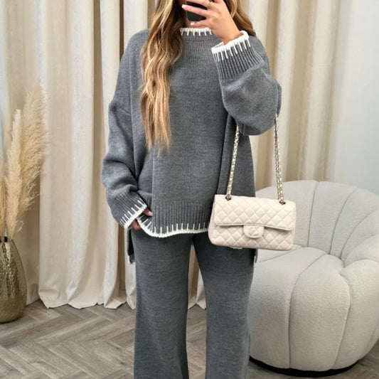 Women’s Knitting 2-Piece Set: Casual Loose O-Neck Pullover Top and Wide Leg Pants, Color-Matching Fashionable Cord set