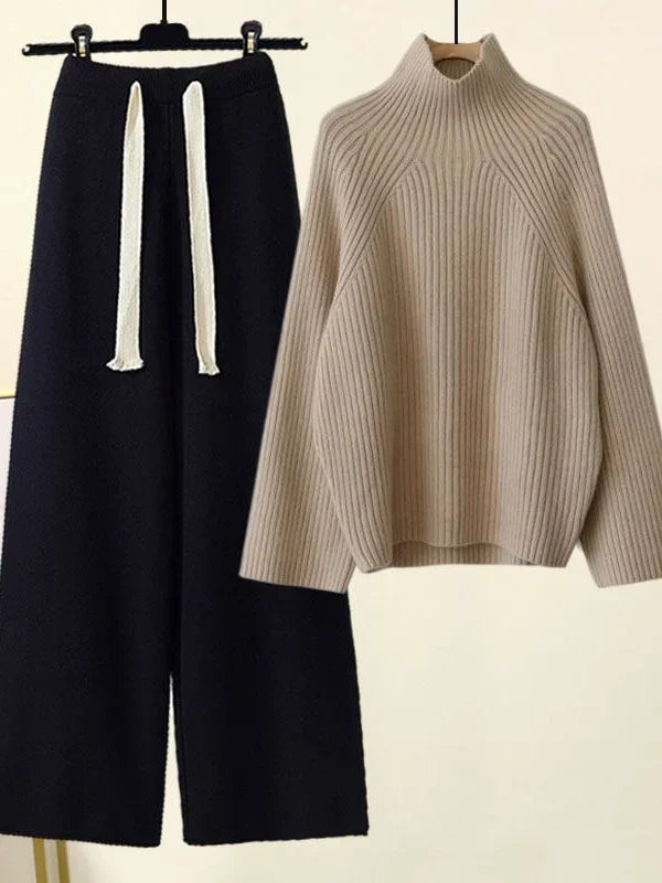 Winter Warm Knitted Cord Set for Women: Long Sleeve Half Turtleneck Sweater and Wide Leg Pants, Loose-Fitting.