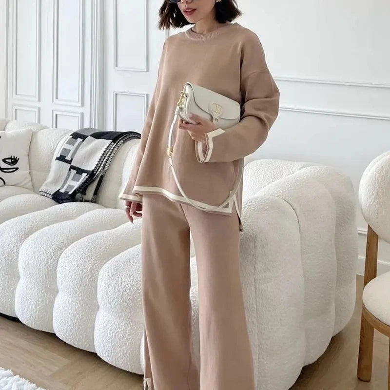 Elegant O-Neck Long Sleeve Pullover Sweater and Wide-Leg Pants Set – Women’s Solid Color 2-Piece Autumn Outfit

This stylish 2-piece set features an elegant O-neck long sleeve pullover sweater paired with matching wide-leg pants. Designed in a solid color