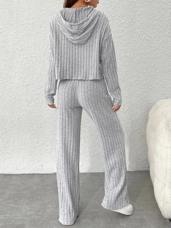 Spring Autumn Women's New Solid Color Casual Knitted Striped Hooded Sweatshirt Loose Long Sleeved Long Pants Two-piece Cord set New arrival