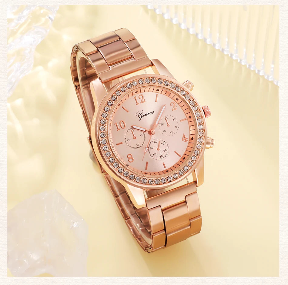 6-Piece Rose Gold Luxury Jewelry and Watch Set for Women – Includes Watch, Ring, Necklace, Earrings, and Bracelet