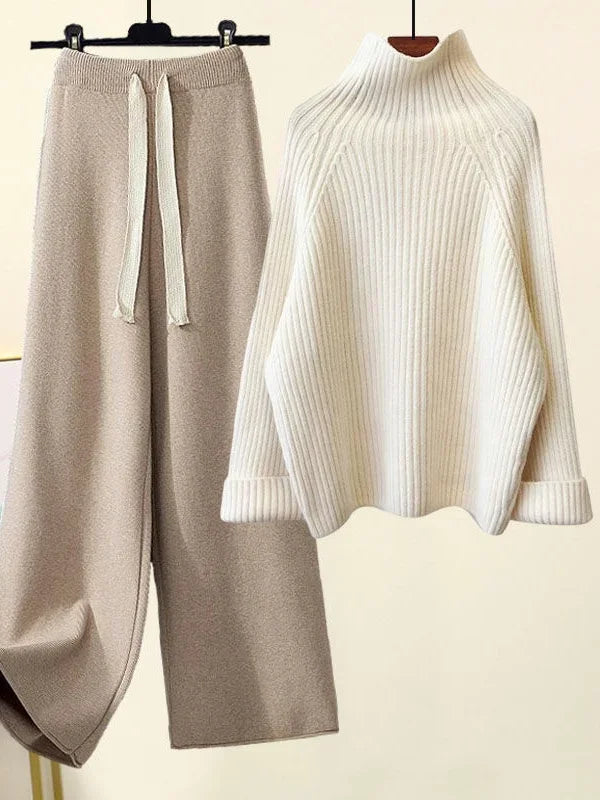 Winter Warm Knitted Cord Set for Women: Long Sleeve Half Turtleneck Sweater and Wide Leg Pants, Loose-Fitting.