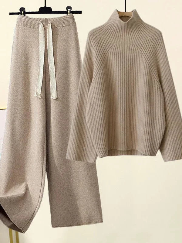 Winter Warm Knitted Cord Set for Women: Long Sleeve Half Turtleneck Sweater and Wide Leg Pants, Loose-Fitting.