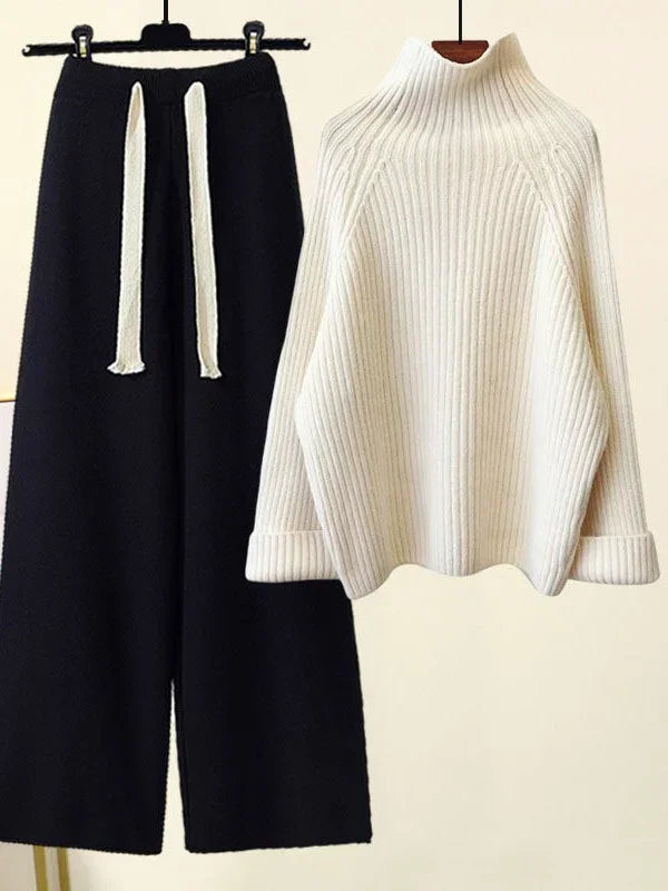 Winter Warm Knitted Cord Set for Women: Long Sleeve Half Turtleneck Sweater and Wide Leg Pants, Loose-Fitting.