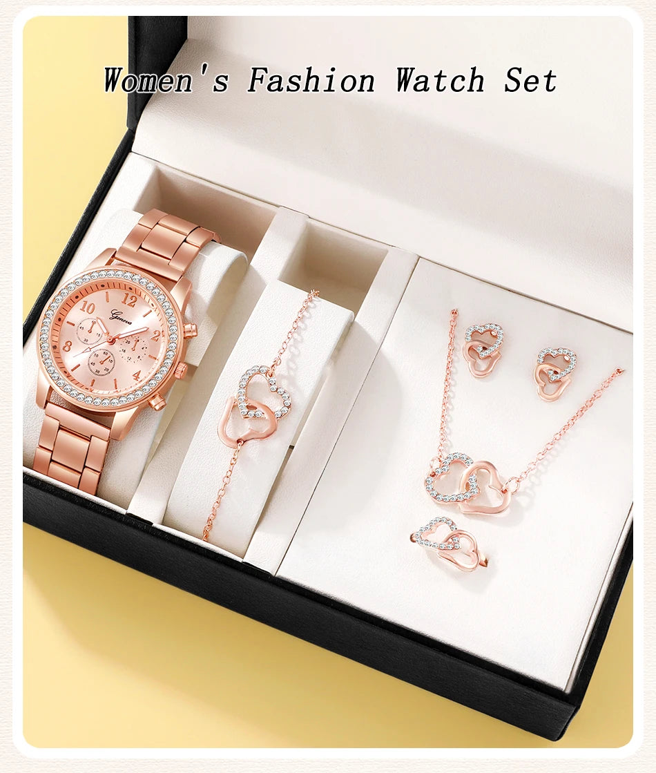 6-Piece Rose Gold Luxury Jewelry and Watch Set for Women – Includes Watch, Ring, Necklace, Earrings, and Bracelet