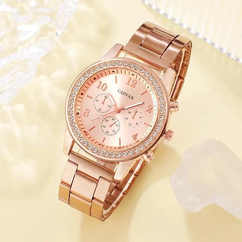 6-Piece Rose Gold Luxury Jewelry and Watch Set for Women – Includes Watch, Ring, Necklace, Earrings, and Bracelet