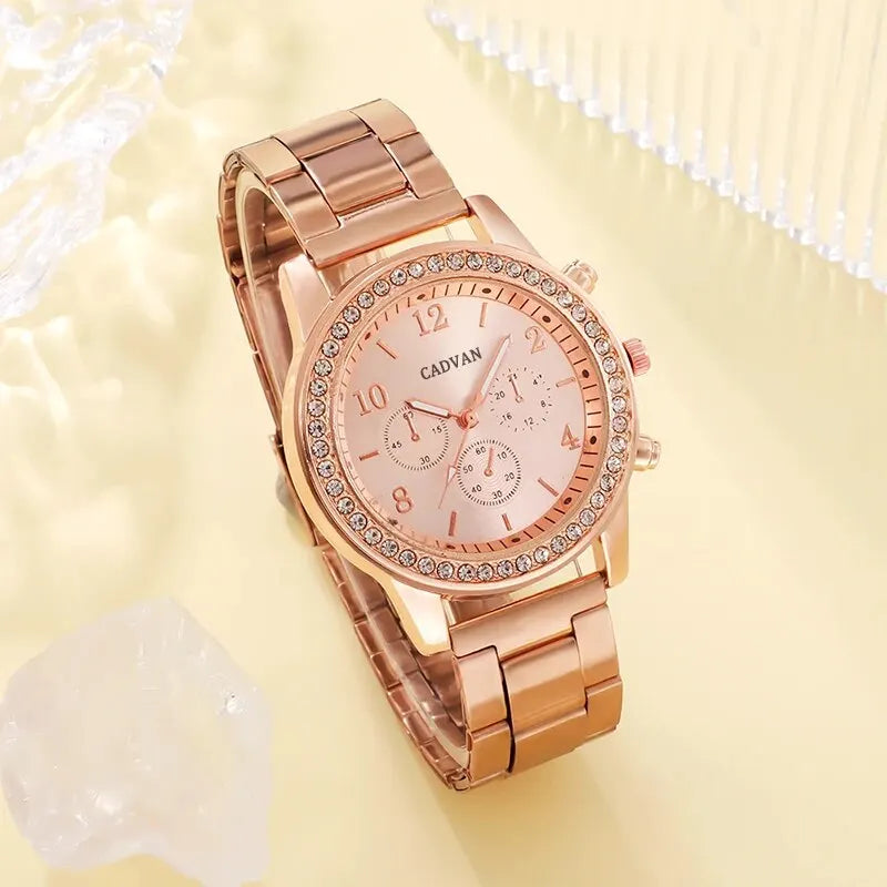 6-Piece Rose Gold Luxury Jewelry and Watch Set for Women – Includes Watch, Ring, Necklace, Earrings, and Bracelet