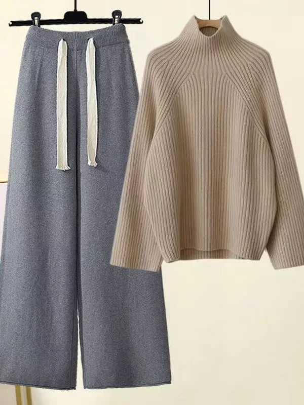 Winter Warm Knitted Cord Set for Women: Long Sleeve Half Turtleneck Sweater and Wide Leg Pants, Loose-Fitting.