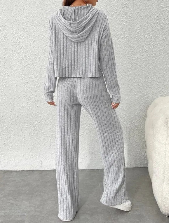 Spring Autumn Women's New Solid Color Casual Knitted Striped Hooded Sweatshirt Loose Long Sleeved Long Pants Two-piece Cord set New arrival