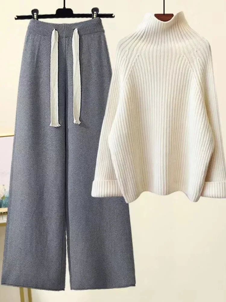 Winter Warm Knitted Cord Set for Women: Long Sleeve Half Turtleneck Sweater and Wide Leg Pants, Loose-Fitting.