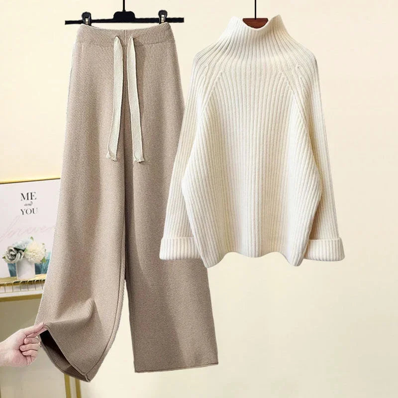 Winter Warm Knitted Cord Set for Women: Long Sleeve Half Turtleneck Sweater and Wide Leg Pants, Loose-Fitting.