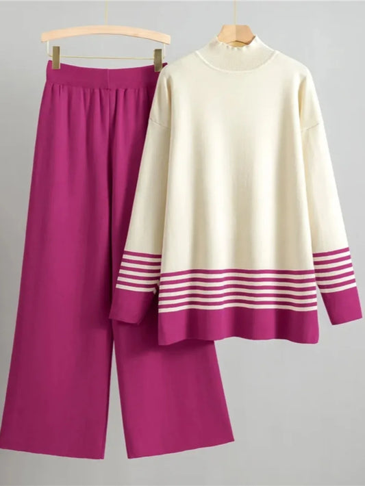 Cord Set, Pullover Striped Sweater and Wide Leg Knitted Pants, Casual Knitwear Ensemble