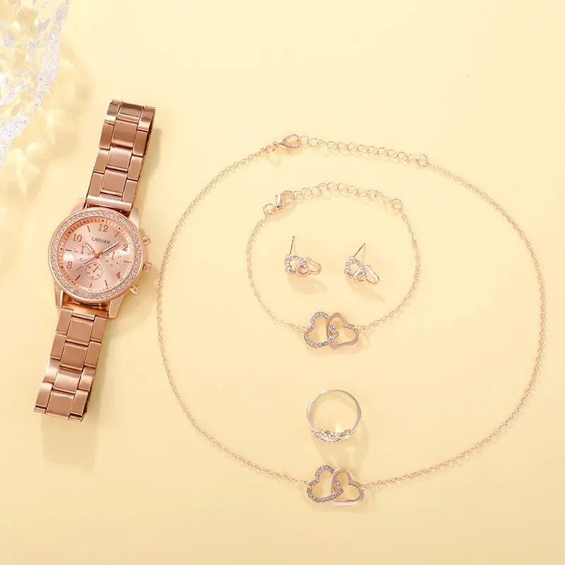 6-Piece Rose Gold Luxury Jewelry and Watch Set for Women – Includes Watch, Ring, Necklace, Earrings, and Bracelet