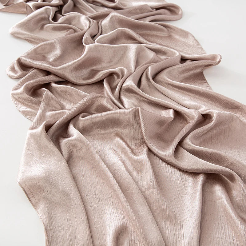 Women’s Solid Color Silk Satin Hijab Scarf – Smooth, Wrinkle-Textured Long Shawl

Crafted from luxurious silk-like satin, this hijab scarf features subtle bark-like wrinkles on one side and a smooth finish on the other. Its solid color design offers versa