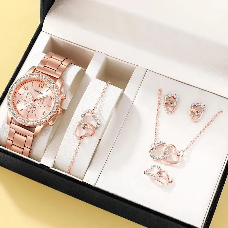 6-Piece Rose Gold Luxury Jewelry and Watch Set for Women – Includes Watch, Ring, Necklace, Earrings, and Bracelet