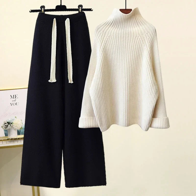 Winter Warm Knitted Cord Set for Women: Long Sleeve Half Turtleneck Sweater and Wide Leg Pants, Loose-Fitting.