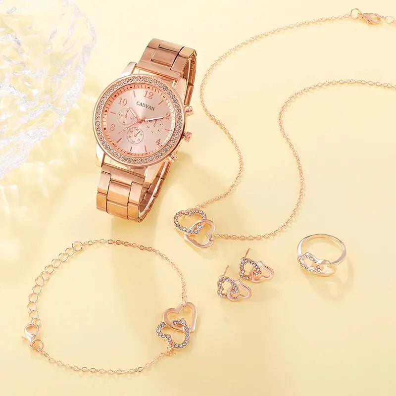 6-Piece Rose Gold Luxury Jewelry and Watch Set for Women – Includes Watch, Ring, Necklace, Earrings, and Bracelet