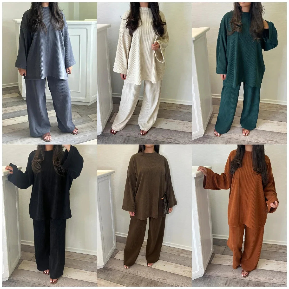 Women’s Autumn/Winter Cord Set – Solid Colour Corduroy Pants with Loose Long Sleeve Top and Wide-Leg Trousers for Commuting