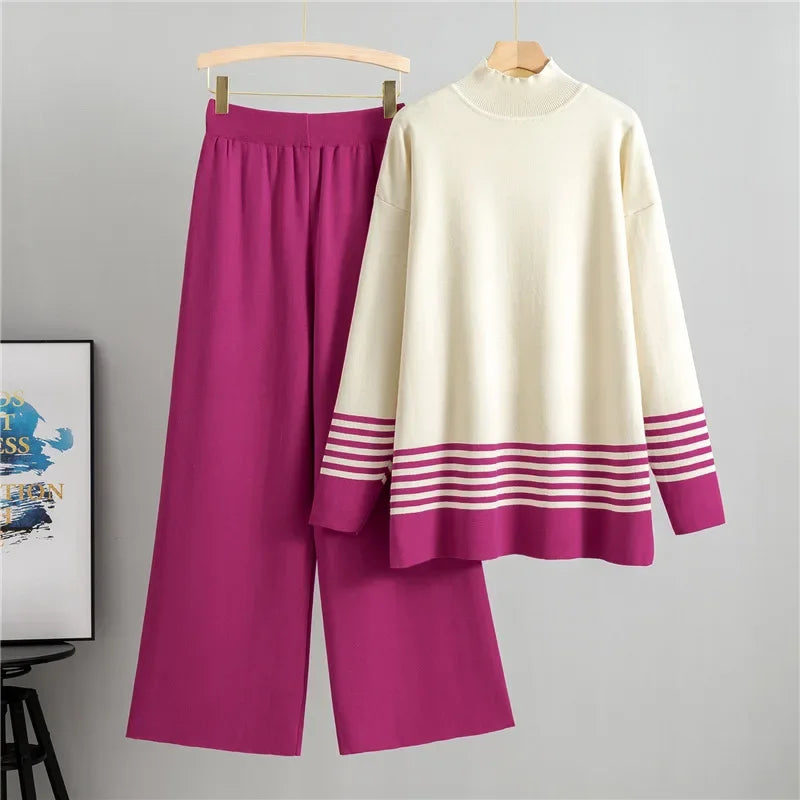 Cord Set, Pullover Striped Sweater and Wide Leg Knitted Pants, Casual Knitwear Ensemble