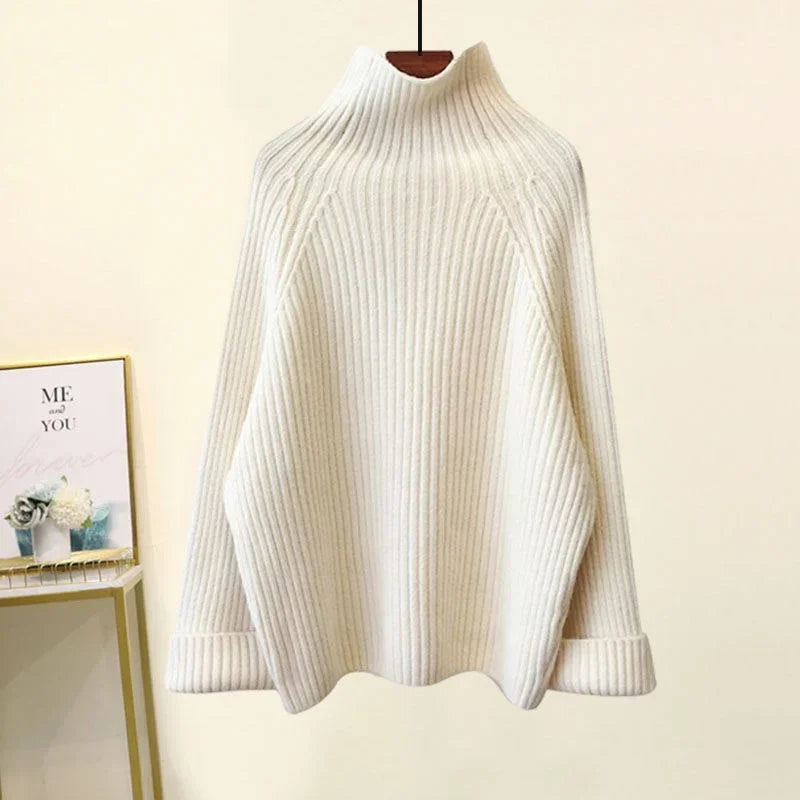 Winter Warm Knitted Cord Set for Women: Long Sleeve Half Turtleneck Sweater and Wide Leg Pants, Loose-Fitting.