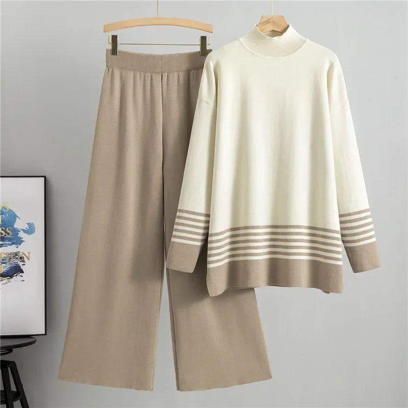 Cord Set, Pullover Striped Sweater and Wide Leg Knitted Pants, Casual Knitwear Ensemble