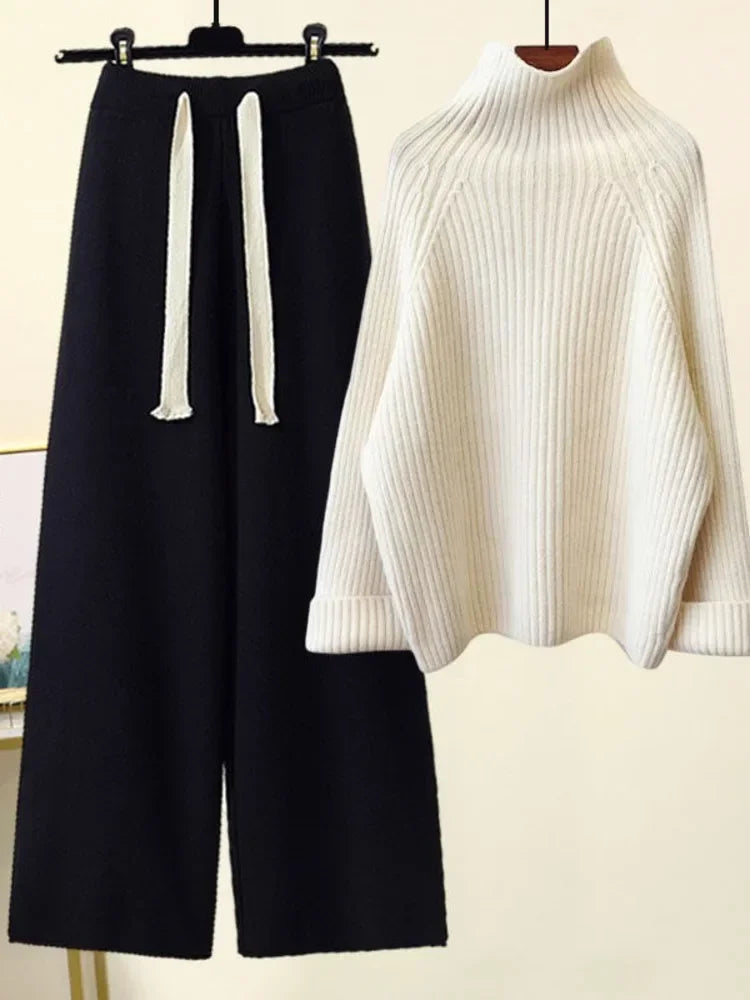 Winter Warm Knitted Cord Set for Women: Long Sleeve Half Turtleneck Sweater and Wide Leg Pants, Loose-Fitting.