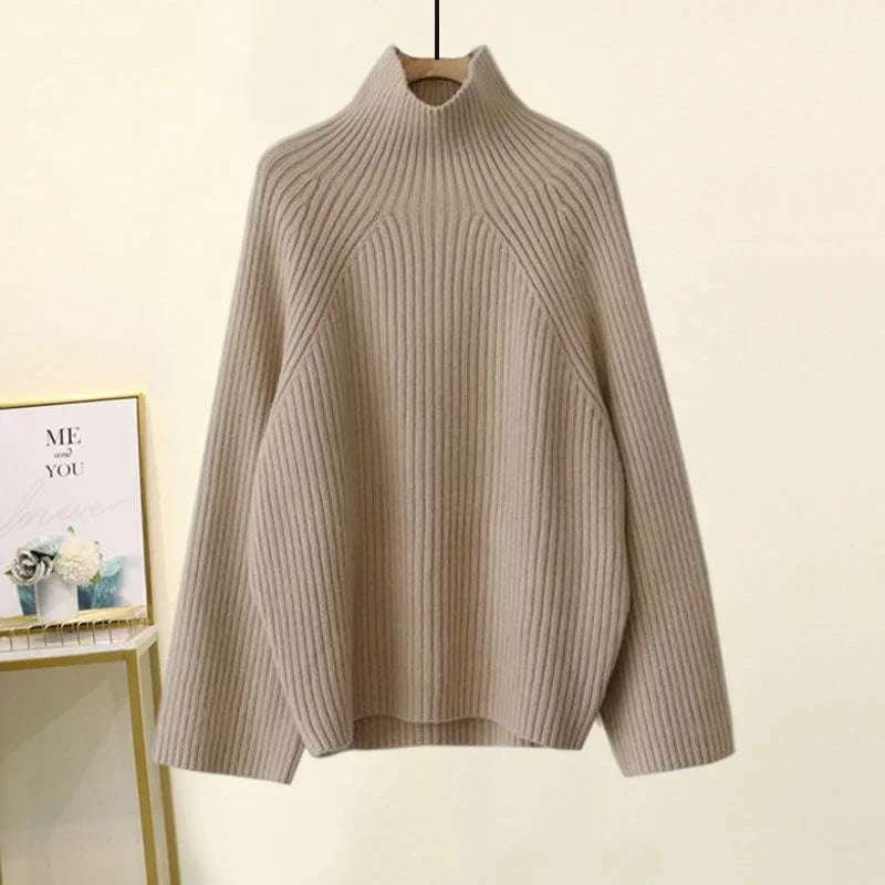 Winter Warm Knitted Cord Set for Women: Long Sleeve Half Turtleneck Sweater and Wide Leg Pants, Loose-Fitting.