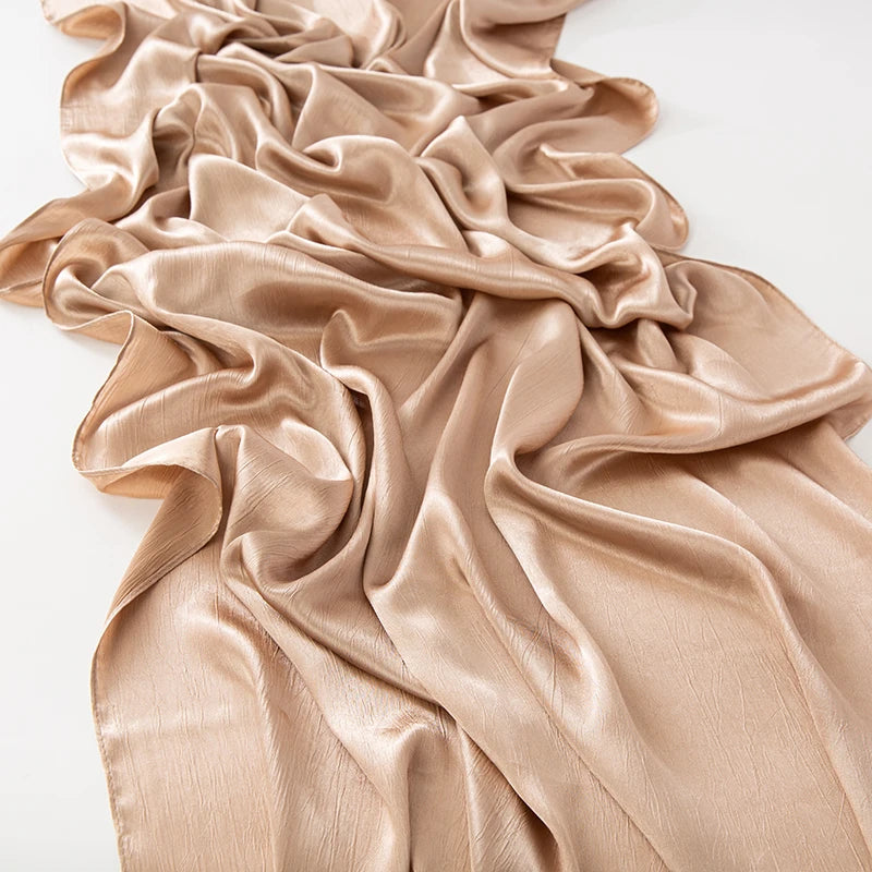 Women’s Solid Color Silk Satin Hijab Scarf – Smooth, Wrinkle-Textured Long Shawl

Crafted from luxurious silk-like satin, this hijab scarf features subtle bark-like wrinkles on one side and a smooth finish on the other. Its solid color design offers versa