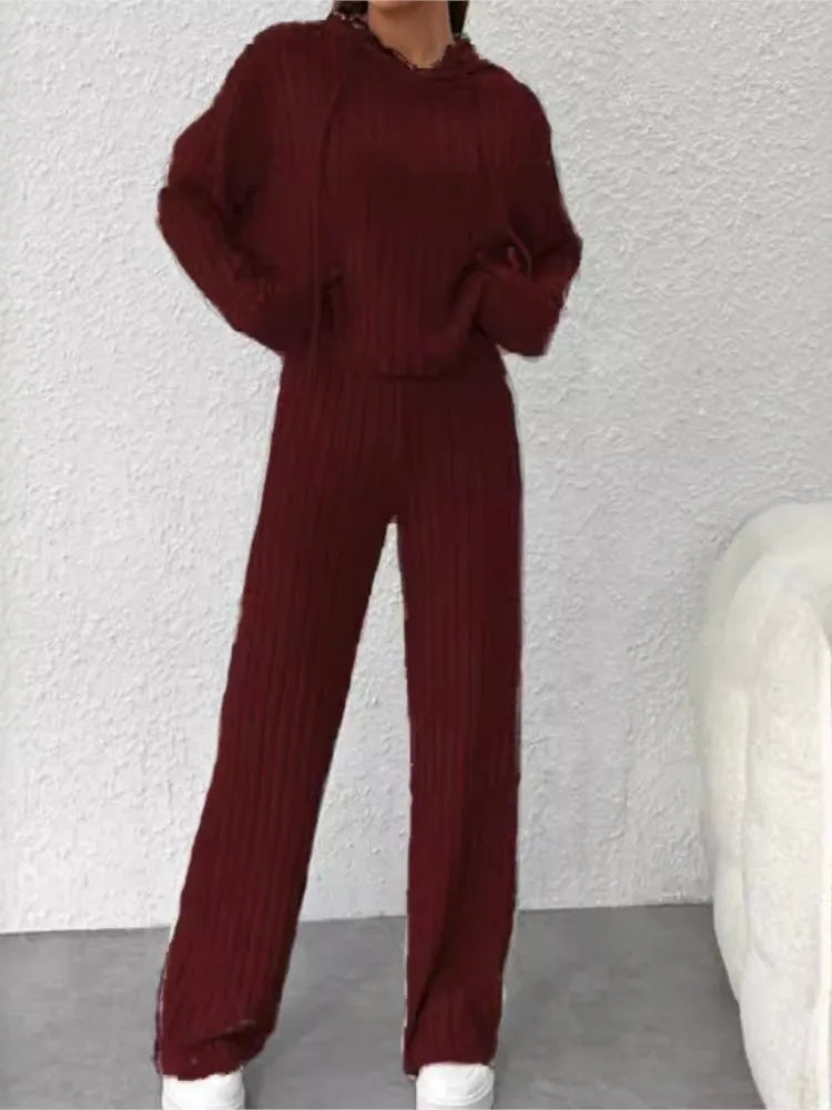 Spring Autumn Women's New Solid Color Casual Knitted Striped Hooded Sweatshirt Loose Long Sleeved Long Pants Two-piece Cord set New arrival