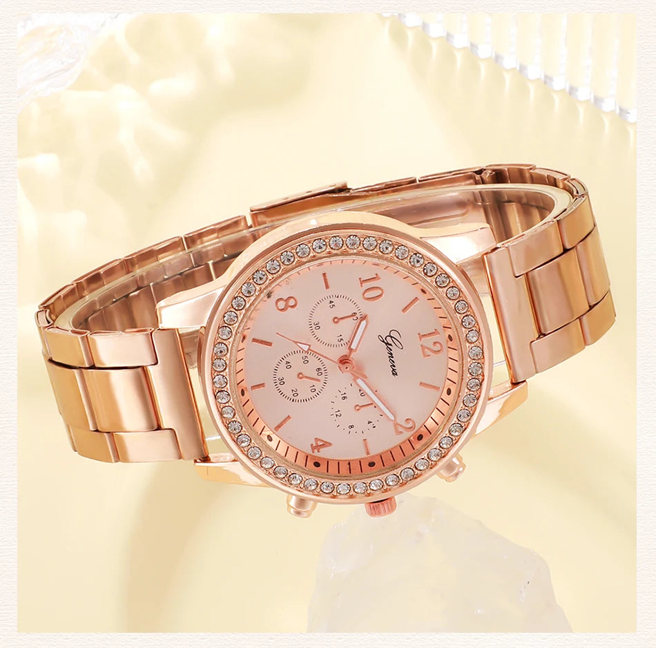 6-Piece Rose Gold Luxury Jewelry and Watch Set for Women – Includes Watch, Ring, Necklace, Earrings, and Bracelet