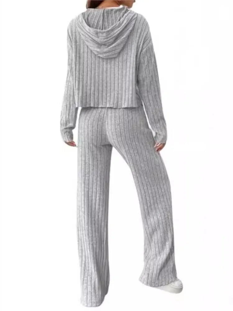 Spring Autumn Women's New Solid Color Casual Knitted Striped Hooded Sweatshirt Loose Long Sleeved Long Pants Two-piece Cord set New arrival