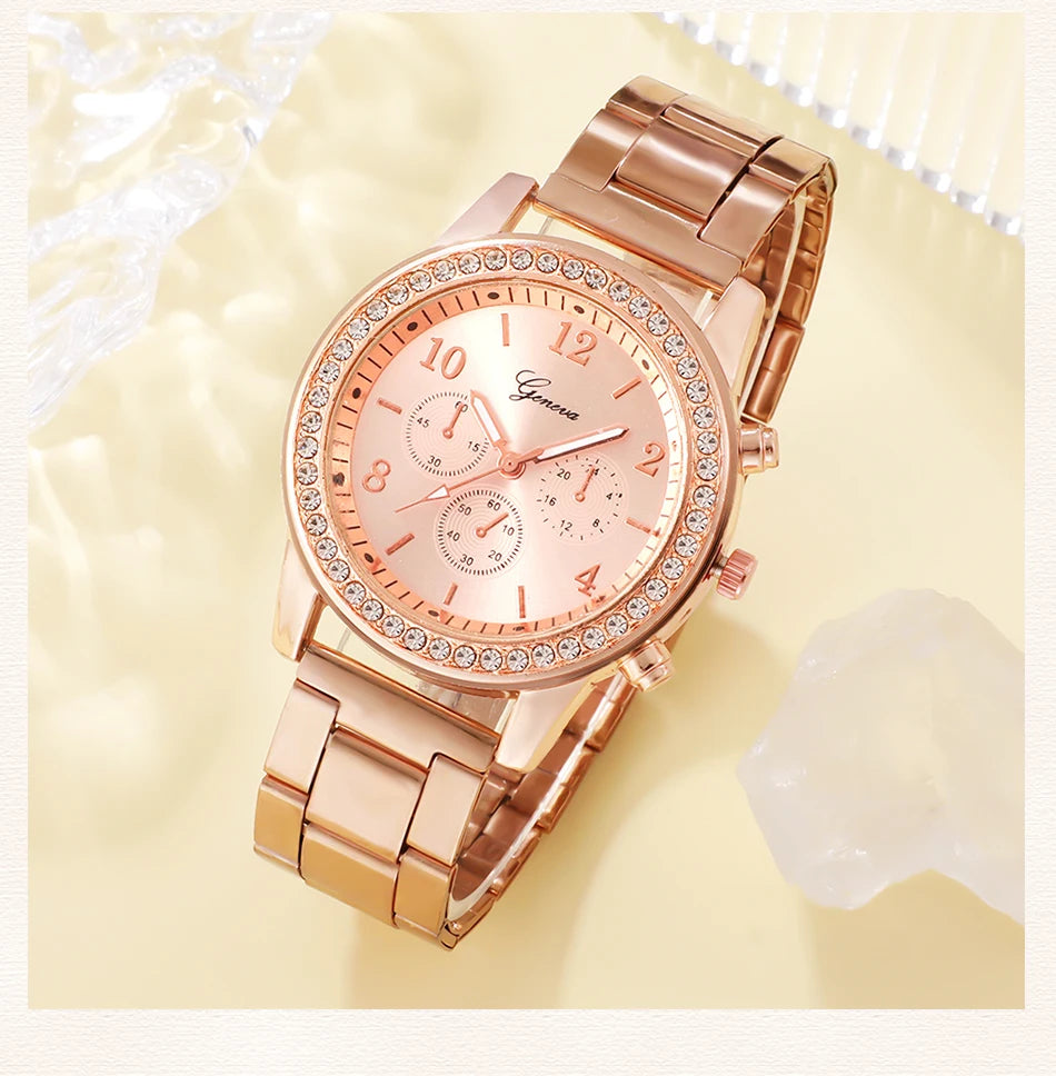 6-Piece Rose Gold Luxury Jewelry and Watch Set for Women – Includes Watch, Ring, Necklace, Earrings, and Bracelet