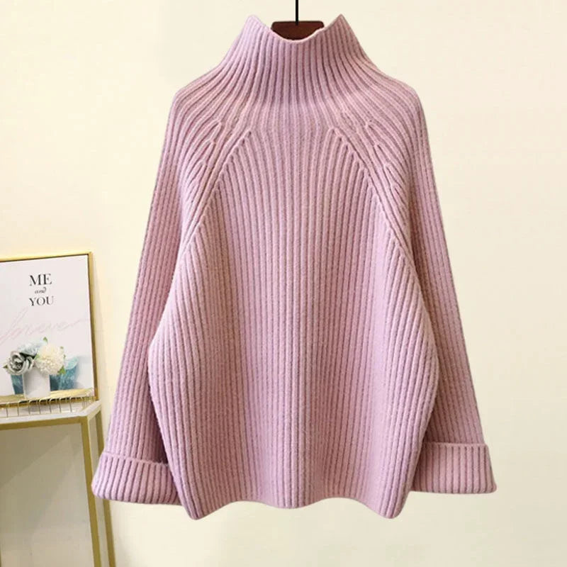 Winter Warm Knitted Cord Set for Women: Long Sleeve Half Turtleneck Sweater and Wide Leg Pants, Loose-Fitting.