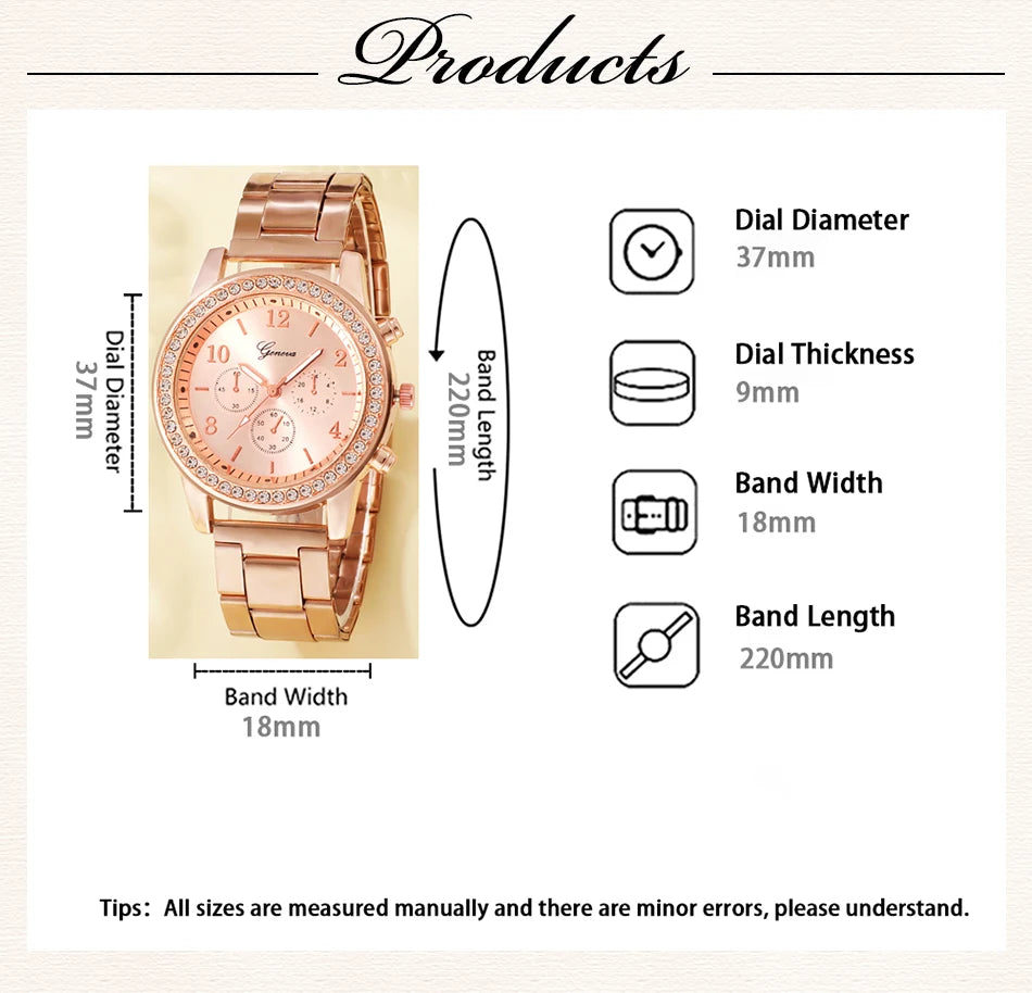 6-Piece Rose Gold Luxury Jewelry and Watch Set for Women – Includes Watch, Ring, Necklace, Earrings, and Bracelet