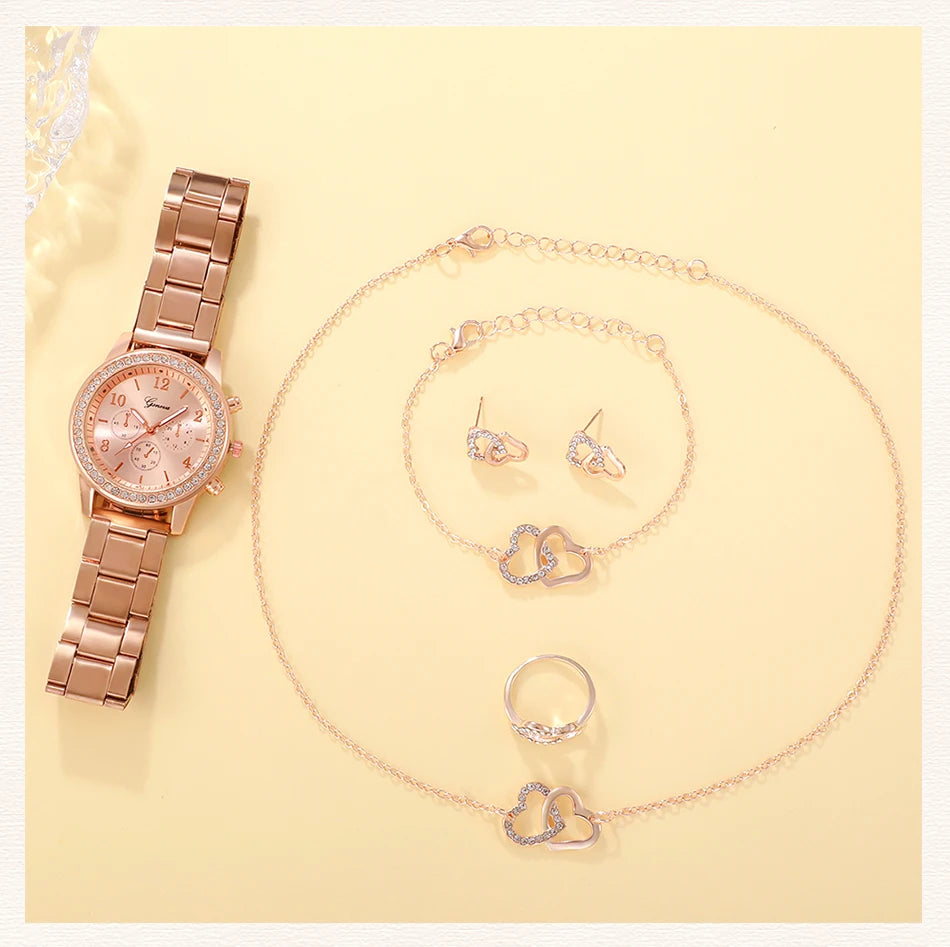 6-Piece Rose Gold Luxury Jewelry and Watch Set for Women – Includes Watch, Ring, Necklace, Earrings, and Bracelet