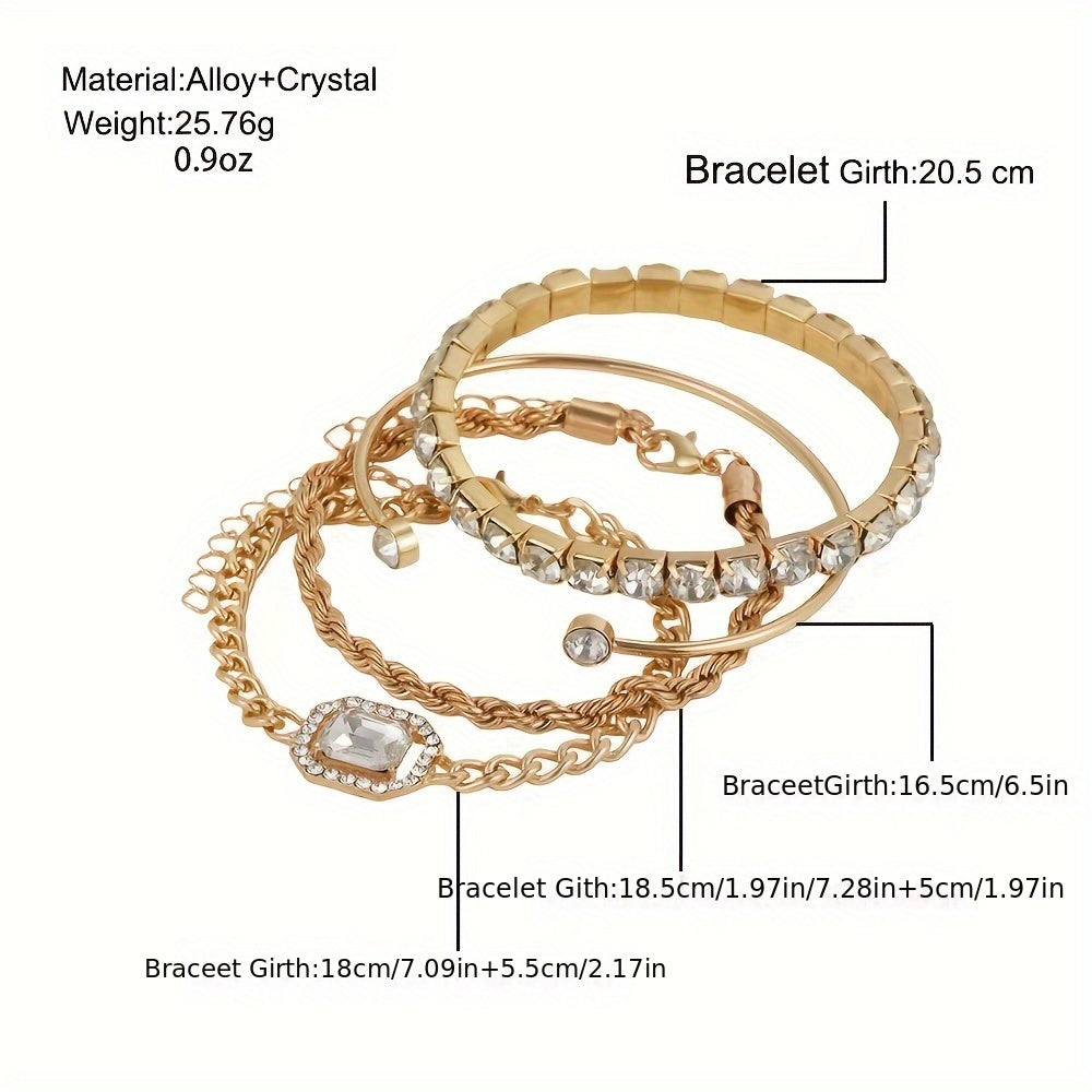 4pcs Women's Personality Exaggerated Punk Style Twist Chain Bracelet Set with Rhinestones