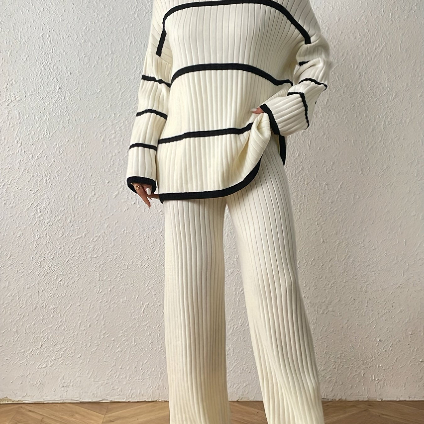 Stripe Pattern Ribbed Knit Cord Set: Long Sleeve Turtleneck Drop Shoulder Sweater & Solid Color Straight Leg Pants Outfit, Women’s Clothing.