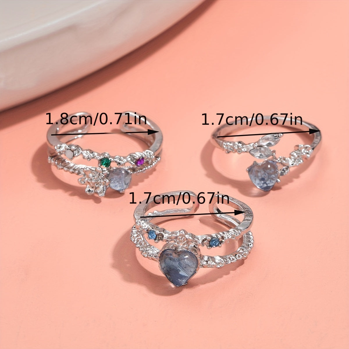 3 Pcs Adjustable Open Heart & Moonlight Cubic zirconia Rings, Simple Ladies Vacation Party Jewelry, Romantic Date Gift, Everyday Accessory