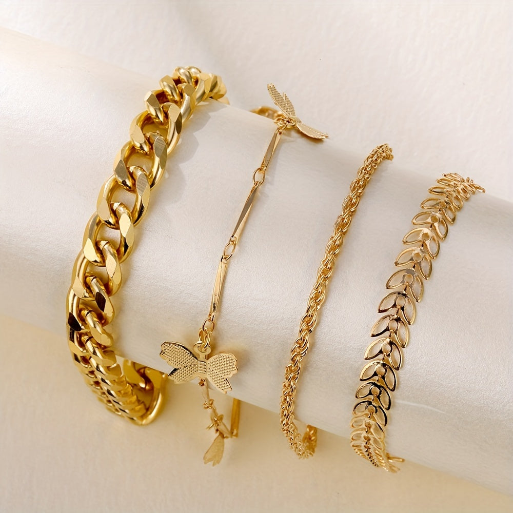 4pcs/Set Exquisite Butterfly Chain Multilayer Bracelet Anklet Golden Color Alloy Jewelry Gift