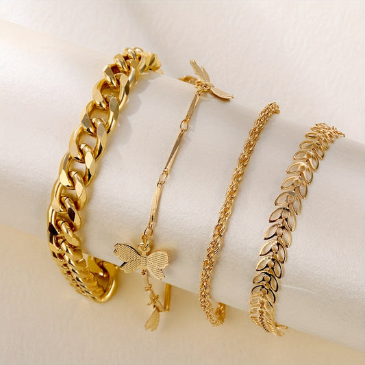 4pcs/Set Exquisite Butterfly Chain Multilayer Bracelet Anklet Golden Color Alloy Jewelry Gift