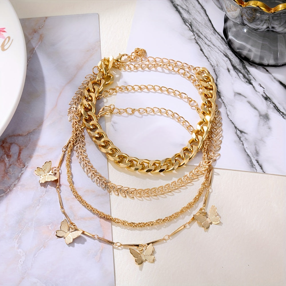 4pcs/Set Exquisite Butterfly Chain Multilayer Bracelet Anklet Golden Color Alloy Jewelry Gift