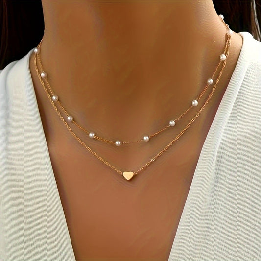 1pc Imitation Pearl Chain Love Pendant Double Layer Necklace Female Simple Temperament Neck Jewelry For Women