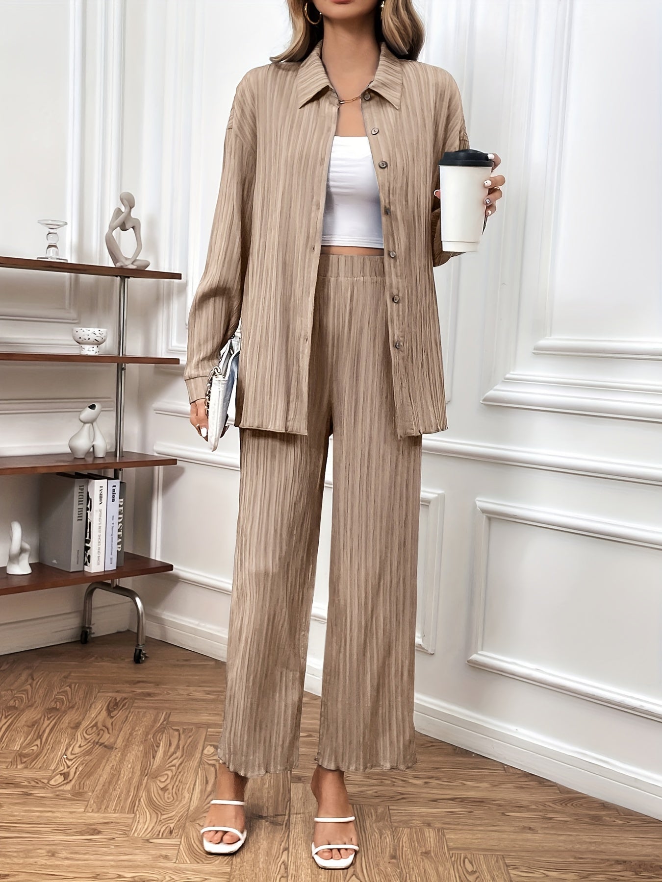 Solid Casual Two-piece Set, Button Front Long Sleeve Shirt & Wide Leg Pants Outfits, Women's Clothing