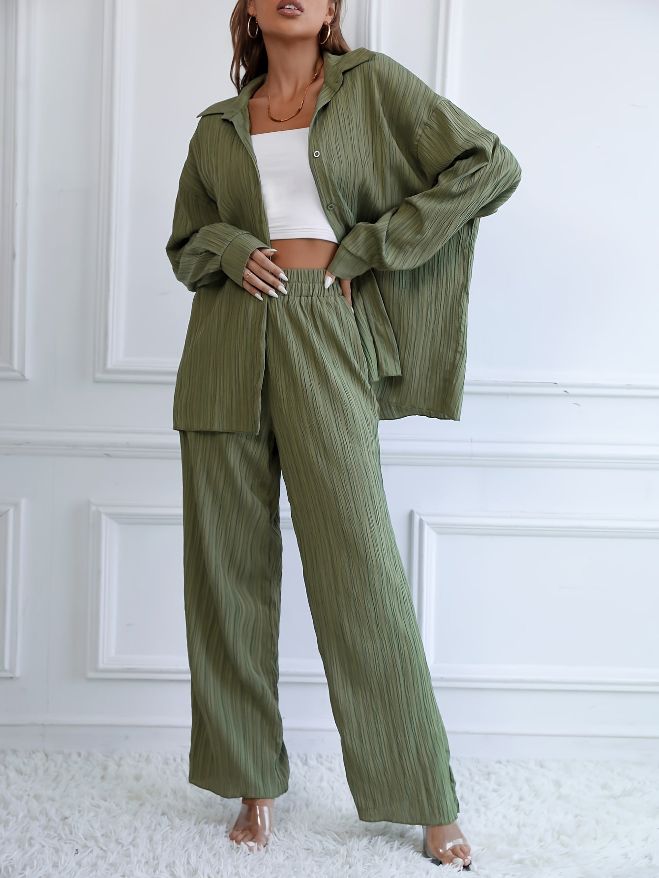 Single Color Textured Casual Pantsuits, Button Front Long Sleeve Drop Shoulder Shirt & High Waist Pants Outfits, Women's Clothing