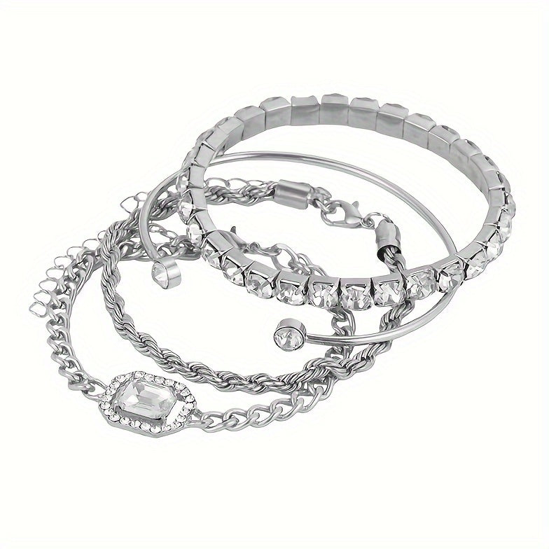 4pcs Women's Personality Exaggerated Punk Style Twist Chain Bracelet Set with Rhinestones