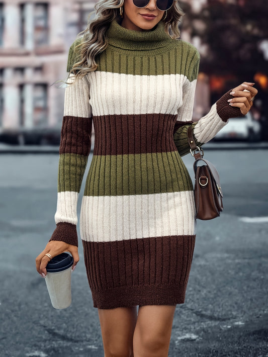 Elegant Striped Color Block Knit Dress for Women - High Neck, Bodycon Fit, Machine Washable, Striped, Knit Dress, Fashion, Women's Clothing